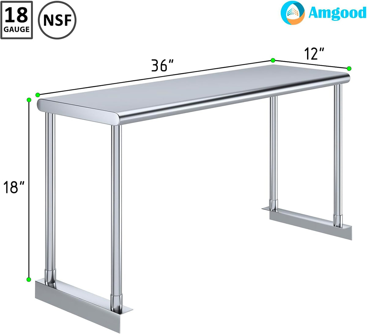 AmGood Stainless Steel Single Tier Overshelf for 36 in. Prep Table, 12x36 in. Shelf, 18 in. High, No Drilling Required - 18-Gauge NSF Commercial Over Shelf for Work Table, Restaurant Kitchen