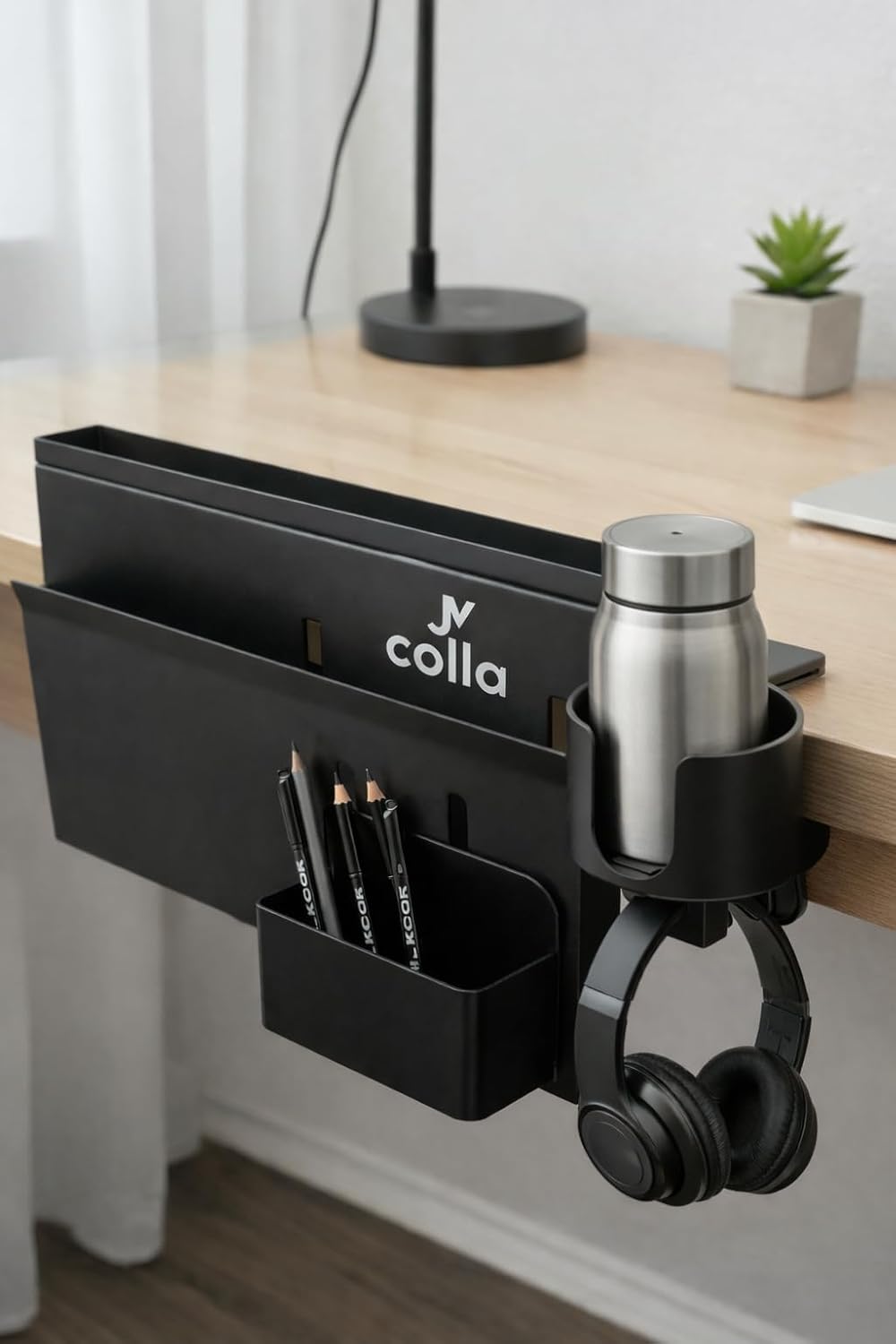 Desk Side Storage Organizer with Laptop Holder & Clamp Cup Holder, Hanging Desk Organizer with Cable Management & Magnetic Pen Tray for Vertical Laptop Storage