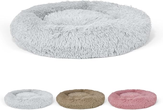 24/30 Inch Calming Donut Pet Bed for Small/Medium Cats and Dogs, Anti-Slip Bottom, Washable, Anti-Anxiety Fluffy Round Cat Bed, Indoor Shaggy Cuddler Cotton Candy Brown, Light Gray, Pink Bed