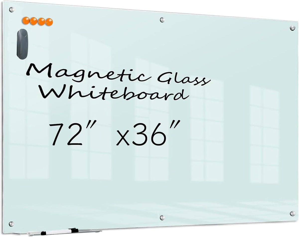 KIZZBY Glass Dry Erase Board - Magnetic Whiteboard, 72"X36" Frameless White Board Clear Glass Boards with Super Strong Magnets, Wall Mounted for Office, Classroom and Home