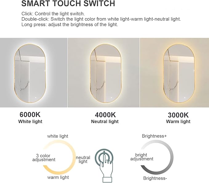 Oval LED Illuminated Bathroom Mirror, Wall-mounted Vanity Makeup Mirror