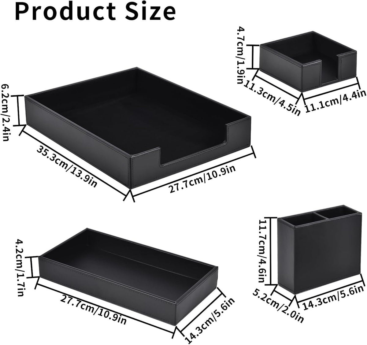 4 Pack Leather Office Supplies/Desk Organizer for Letter Paper Tray,Sticky Note Holder,Pen Cup,Stackable Small Letter Mail Sorter Tray,Workspace Decor for Women Men (Black, 4-piece set)