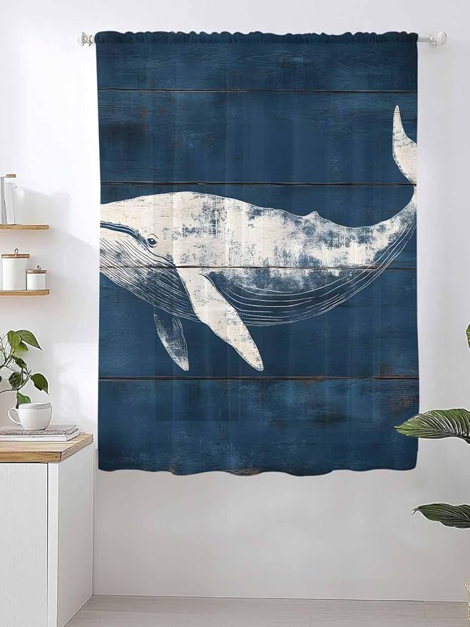 Sheer Curtains 63 Inch Length, Summer Whale Semi Sheer Curtains Light Filtering