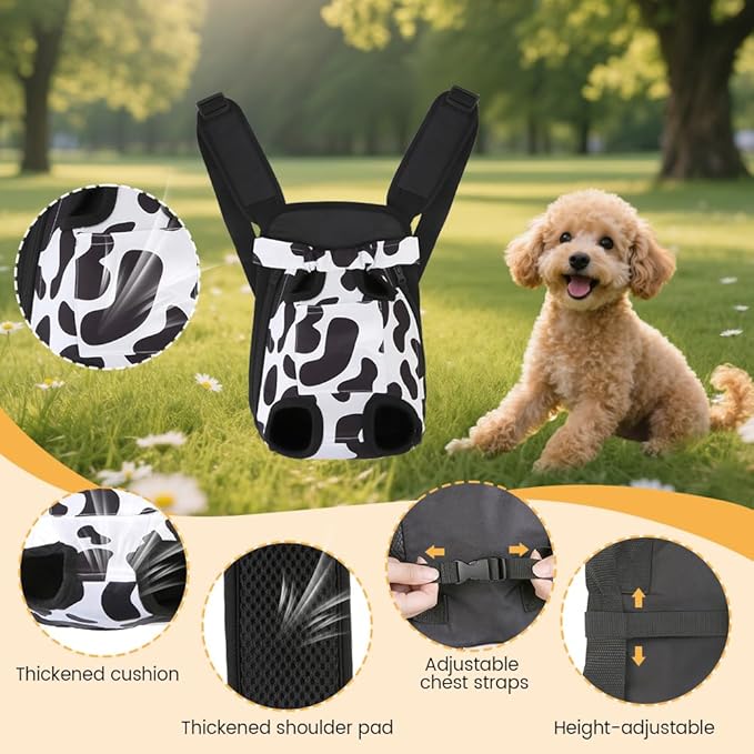 Inspack Dog Backpack Carrier/Cat Carrier, Adjustable Pet Front Carriers Travel Bag for Puppy Medium Dogs, Legs Out, Soft Ventilated Dog Chest Carry Backpacks for Hiking/Camping, 7-11 lbs, Cow Print