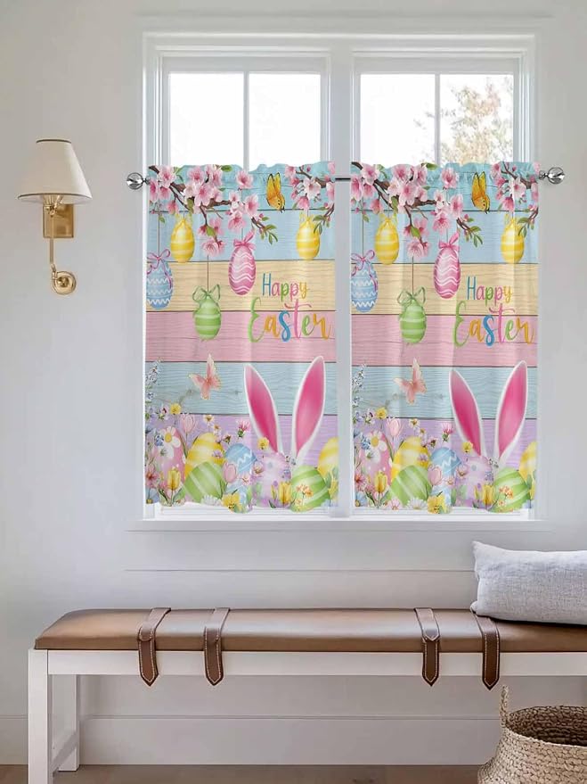 Colorful Easter Tier Curtains 45 Inches Long, Spring Watercolor Bunny Egg