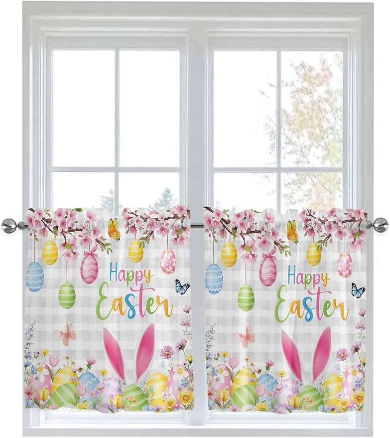 Happy Easter Half Window Curtains 24 Inches Long, Spring Watercolor Bunny Eggs