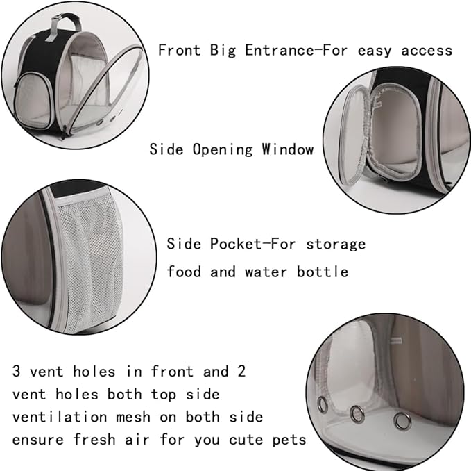 Guinea Pig Backpack Carrier, Bearded Dragon Carrier Backpack with Clear Bubble Window,Small Animal Travel Backpack for Hedgehog Rat Parrot,Rabbit,Sugar Glider,Airline Approved(Black, Backpack)