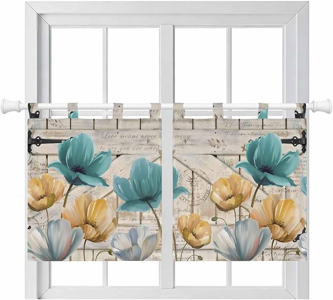 Watercolor Flowers Kitchen Curtains 24 Inch Length, Small Window Curtains Tab