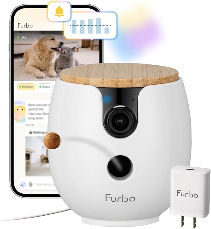 Furbo Mini 360° 2K QHD Pet Camera + Power Adapter - Unlock w/Paid Plan: Dog & Cat Safety Alerts, Smart Cam Rotating Treat Toss w/2-Way Speaker (Low Risk Subscription Required, 3mo Min. Cancel Anytime)