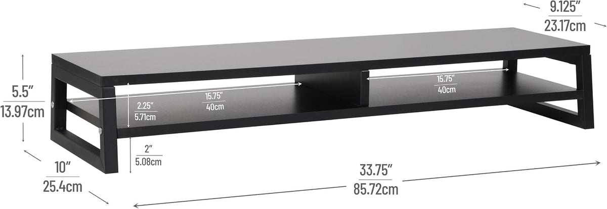Mind Reader 2-Tier MDF Double Monitor Stand, Dual Screen Riser with Storage Shelf, 33.75 Inch Wide, 88 lb Capacity, Black