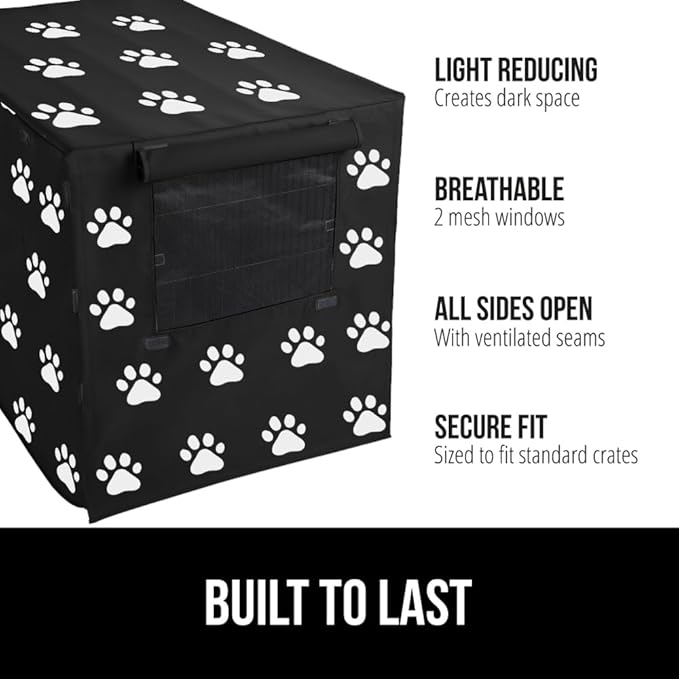 GORILLA GRIP Dog Crate Covers Compatible with Amazon Basics Crates, All Sides Open, Privacy Cover Fits 36" Wire Kennel, Breathable Mesh Windows, Light Reducing Puppy Training Cage Topper, Black Paw