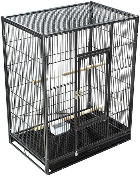 53'' Wrought Iron Birdcage with Detachable Rolling Stand & Feeder, Large Bird Cage with Secure Lock & Slide-Out Tray, Indoor Outdoor Bird Cage on Wheels,Parrot Cages for Parakeets, Pigeons, Black