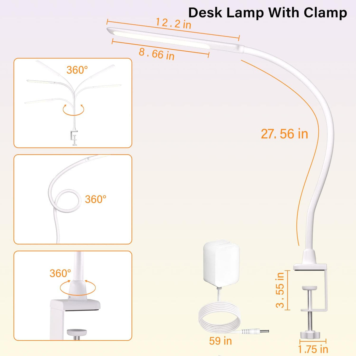 LED Desk Lamp With Clamp, 10W Gooseneck Lamps Touch Control,Swing Arm Clamp Lamp, Architect Clamp Desk Lamp Dimmable,Nail Lamp for Desk Table (White)