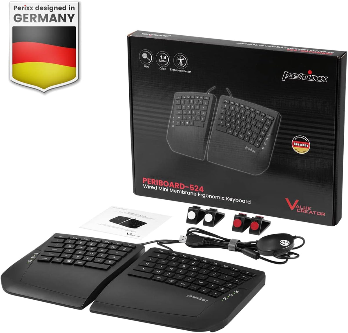 Perixx PERIBOARD-524B US, [Firmware Updated] Wired Ergonomic Split Keyboard - Up to 2 Ft Seperation - Adjustable Tilt Angle - Low Profile Membrane Keys - Black - US English