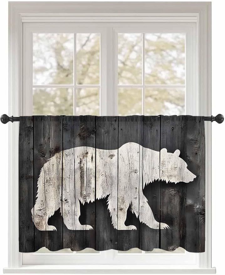 Sheer Curtains 45 Inch Length, Farmhouse Country Rustic Wooden Grain Privacy