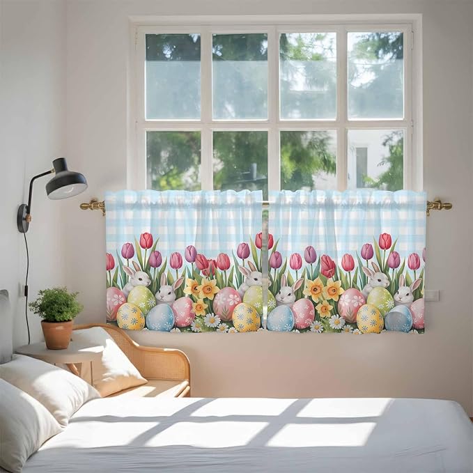 Easter Kitchen Tier Curtains 36 Inch Long 2 Panel Set, Rod Pocket Half Window