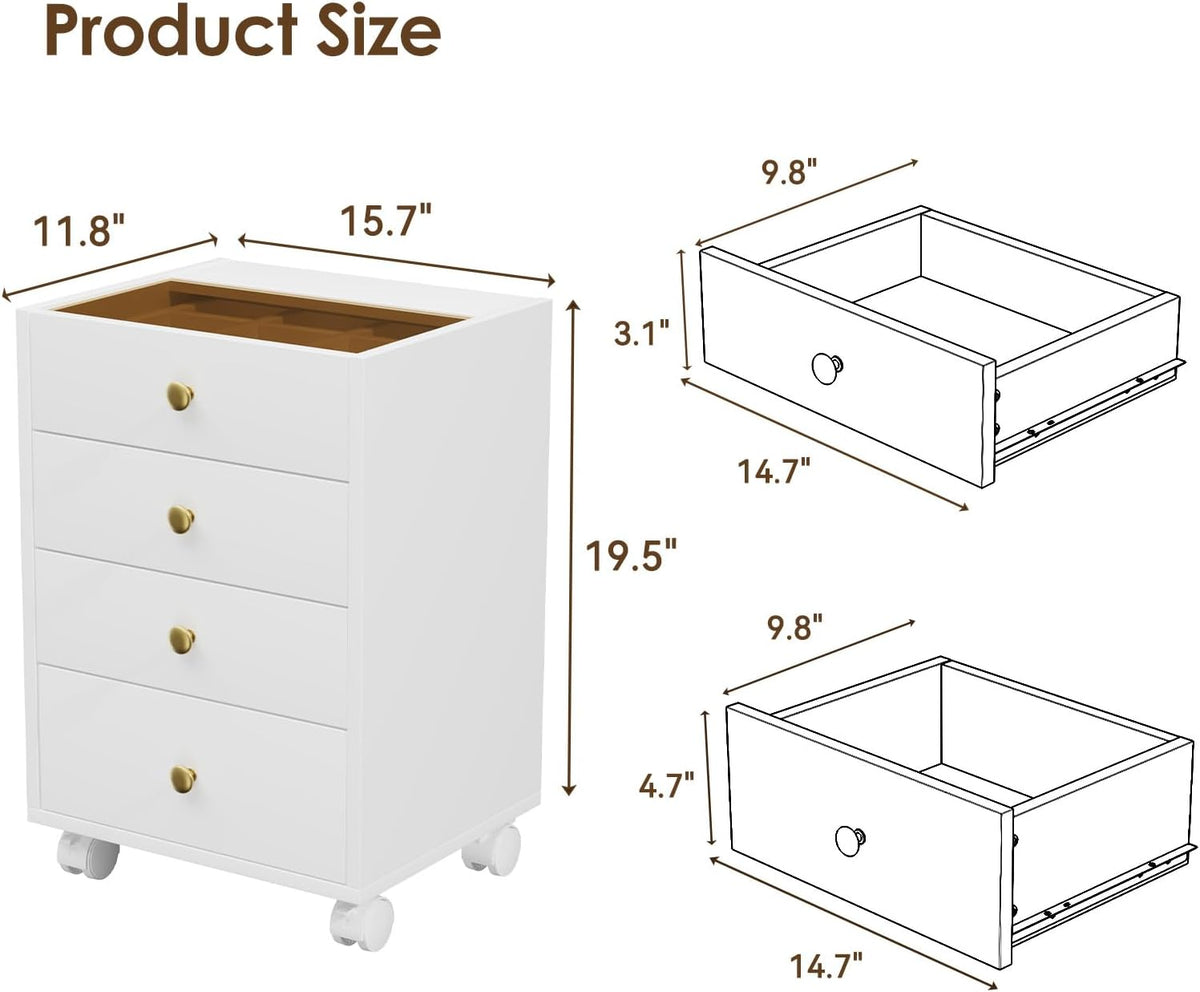 Under Desk Storage, 4 Drawer Small File Cabinet, Chest of Drawer with Glass Top, Mobile Printer Stand with Lockable Wheels for Home Office Study, White