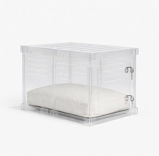 Clear Acrylic Medium Dog Crate Furniture with Linen Cushion for Medium Dogs up to 40 lbs, 3 in 1 Pet Crate and Gate, Modern Furniture Style Indoor Kennel, Dual Silver Latch, 20 x 30 x 22 in