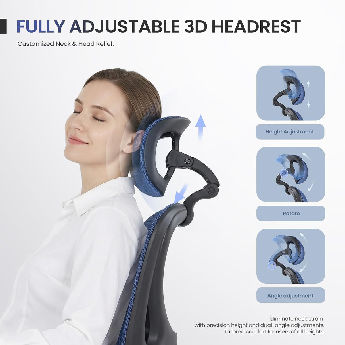 MALOL Ergonomic Mesh Office Chair with Footrest, Executive High Back Computer Desk Chair with 3D Adjustable Headrest & 5-Level Lumbar Support, Reclining Tilt Lock, 3D Arms, 300LBS Capacity, Blue