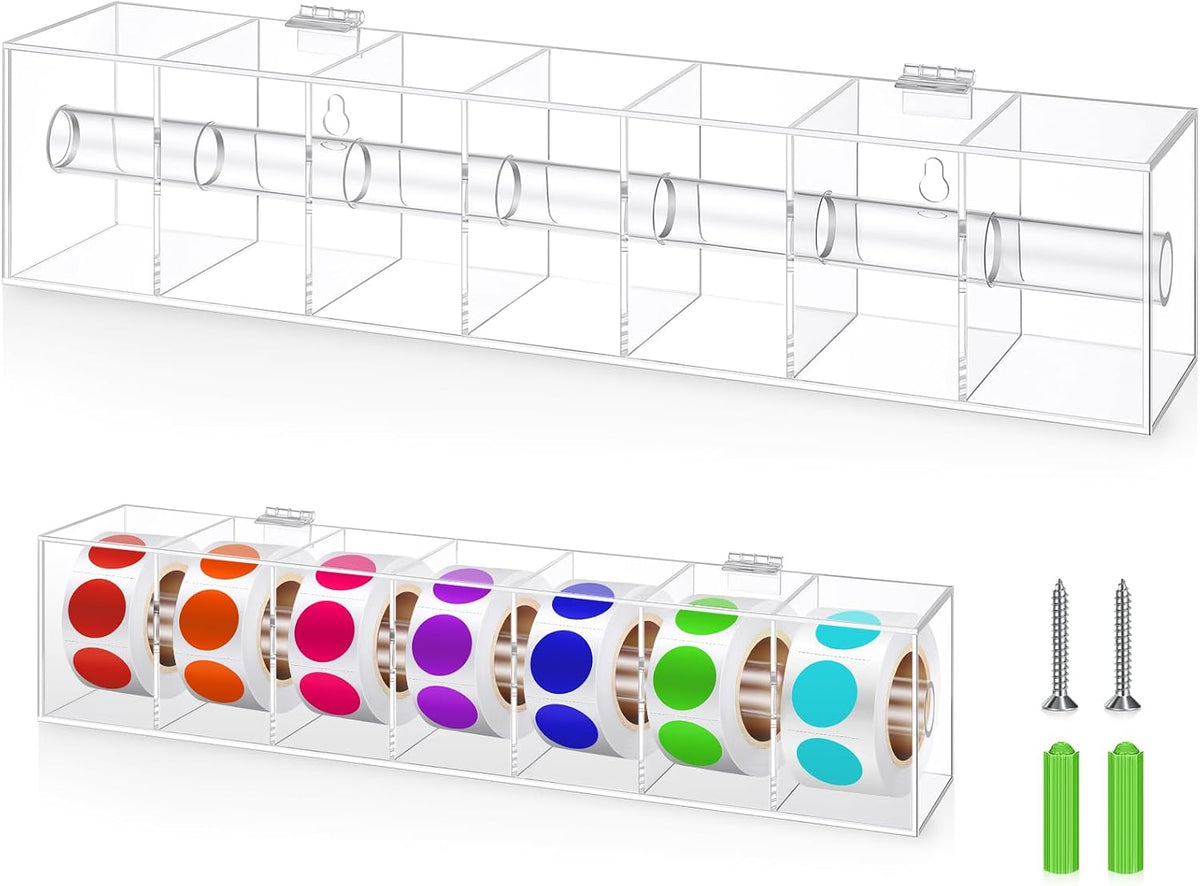 DoubleFill Day of the Week Sticker Dispenser 2.17" Square Acrylic Sticker Roll Holder Covered Label Dispenser Wall Mount 7 Slot Holder for Office Desktop Stickers, Clear, Single Layer(No Label)