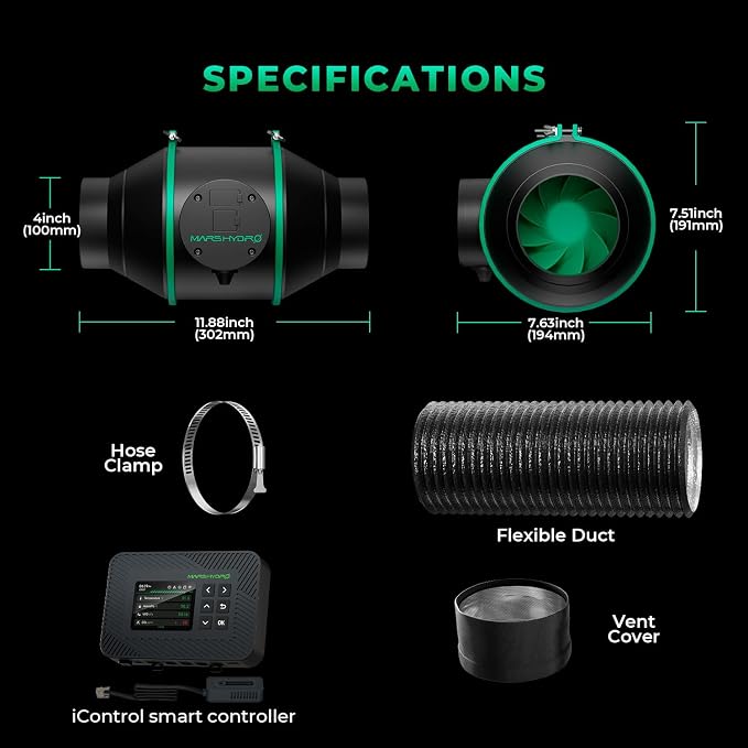 MARS Hydro 4" Smart Air Filtration Kit, Inline Duct Fan