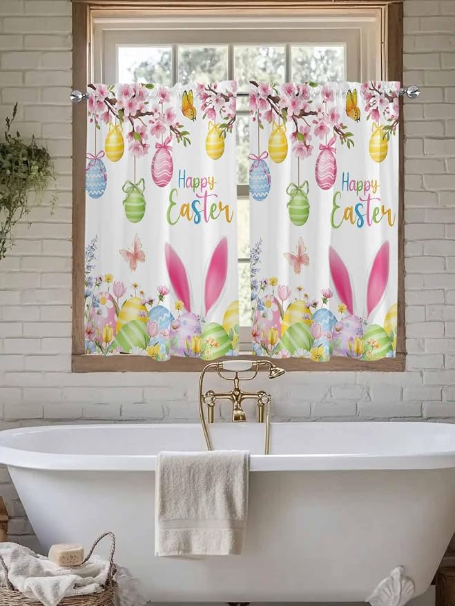Happy Easter Kitchen Curtains 54 Inches Length, Spring Watercolor Bunny Eggs