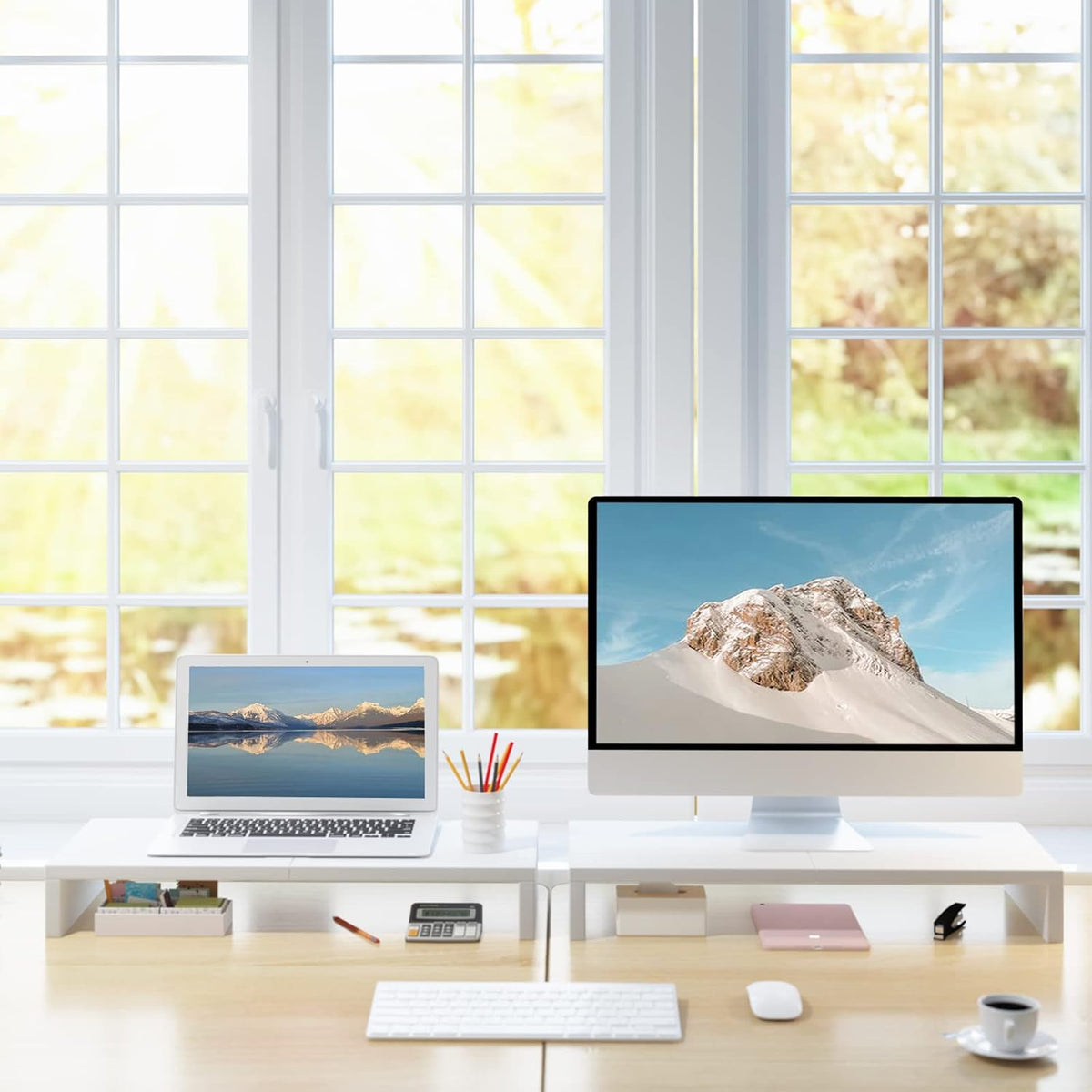 TEAMIX 2 Pack White Monitor Stand Riser 20 inch, Wooden Desktop Stand Shelf