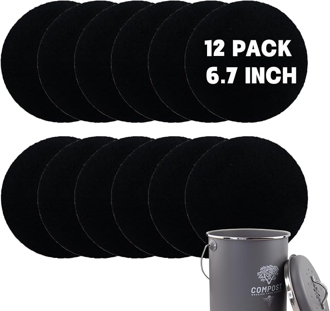 12 Pack - 6.7 Inch Round Compost Bin Charcoal Filters, Extra Thick Activated