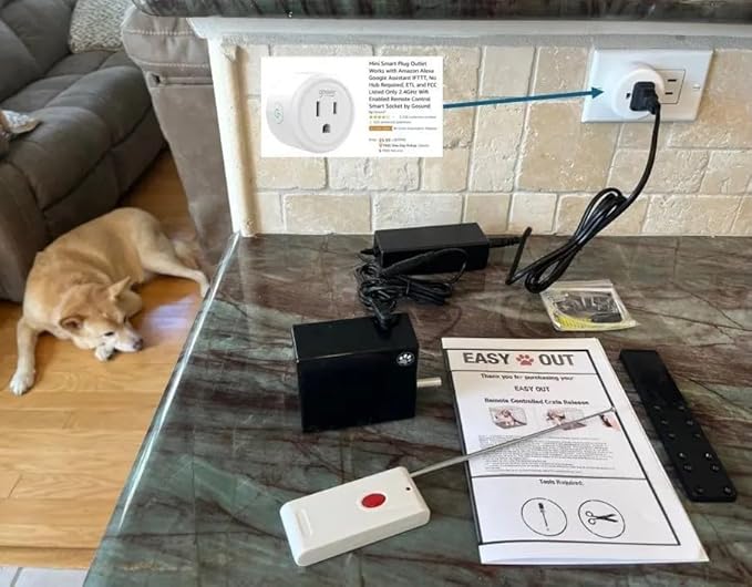 Easy Out Automated Pet Crate Opener for Single or Double Latch Crates, Activated by Remote Control or Wi-Fi Smart Plug, Model EODP1