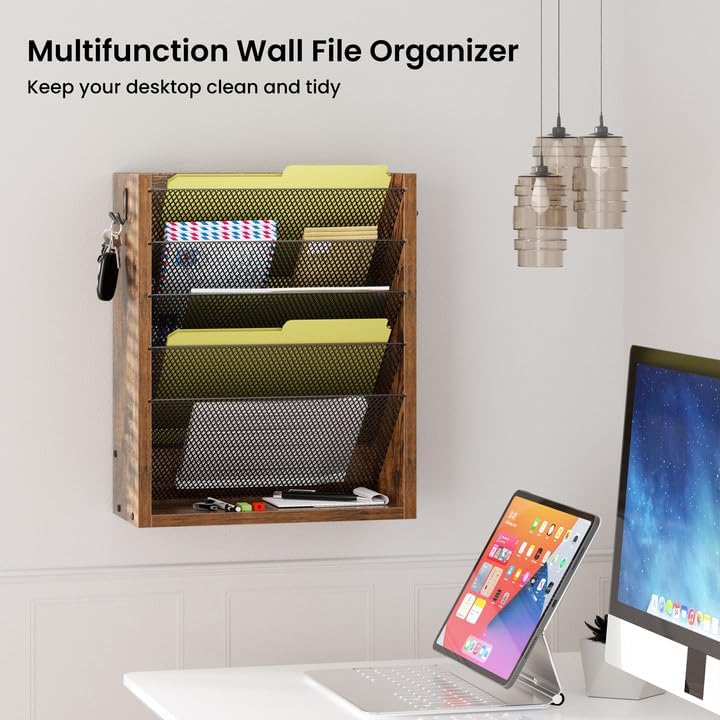Mail Organizer Wall Mounted, 6-Slot Hanging File Organizer with Key Holder