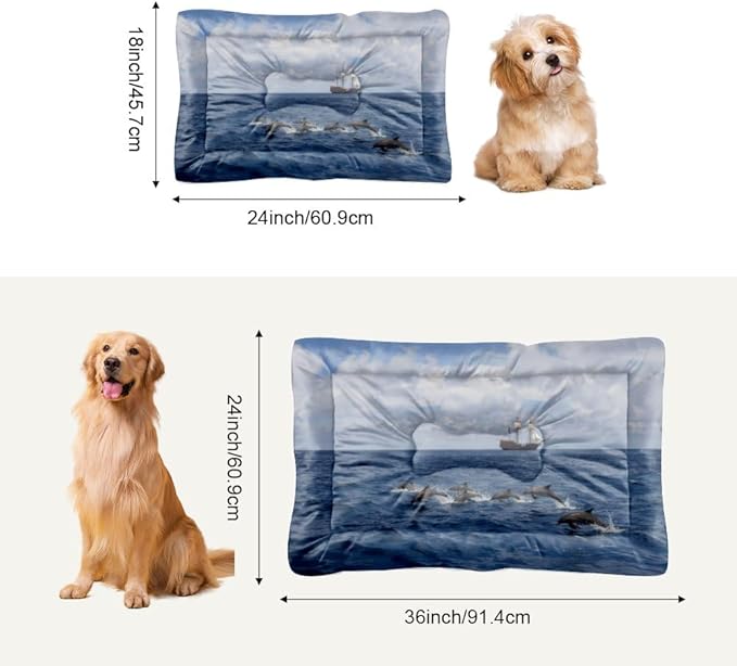 Dolphins Tall Ship Ocean Scene Dog Bed Travel Bed Mats for Dogs Pads for Dog Crates Medium Crate Washable Non-Slip Crate Small Portable Floor Mat Medium Sized Indoor Outdoor 24X18 Inch