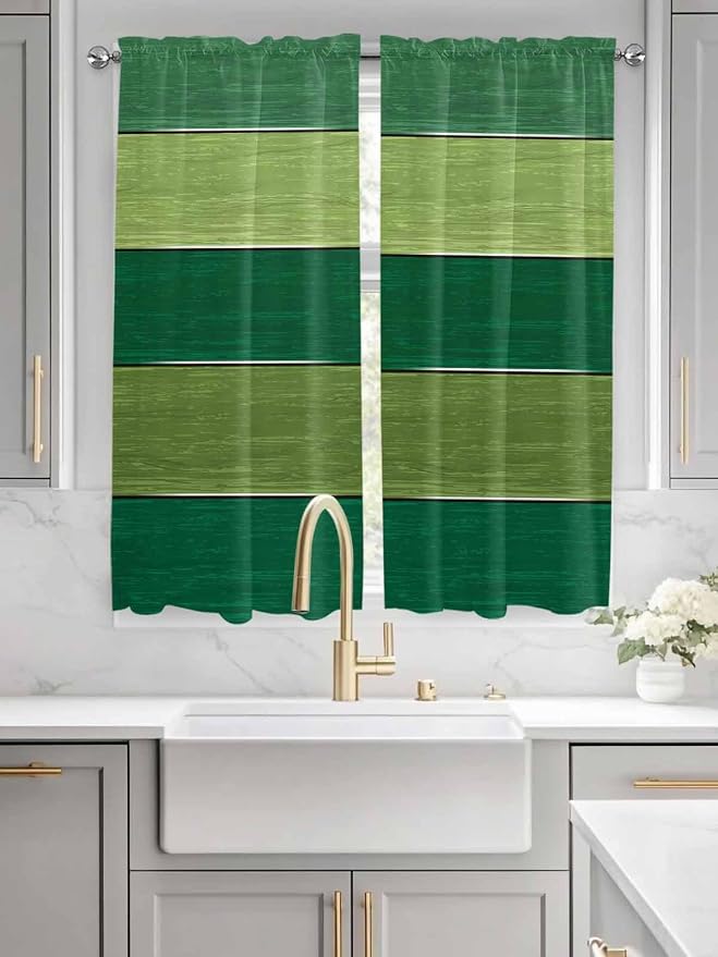 Farm Retro Green Wood Grain Window Valance Curtains, Rustic Wooden Plank