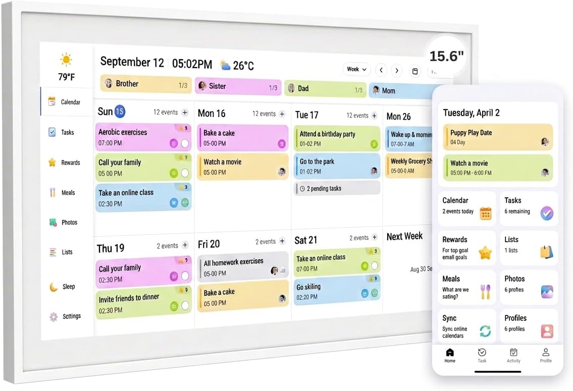 DASFIWO 15.6 Inch Smart Digital Calendar, Wall Electronic Calendar, 1920 * 1080 IPS Full HD Touch Screen Display for Family Meal Planner Support - Seamless Scheduling, Gifts for Women, Mom