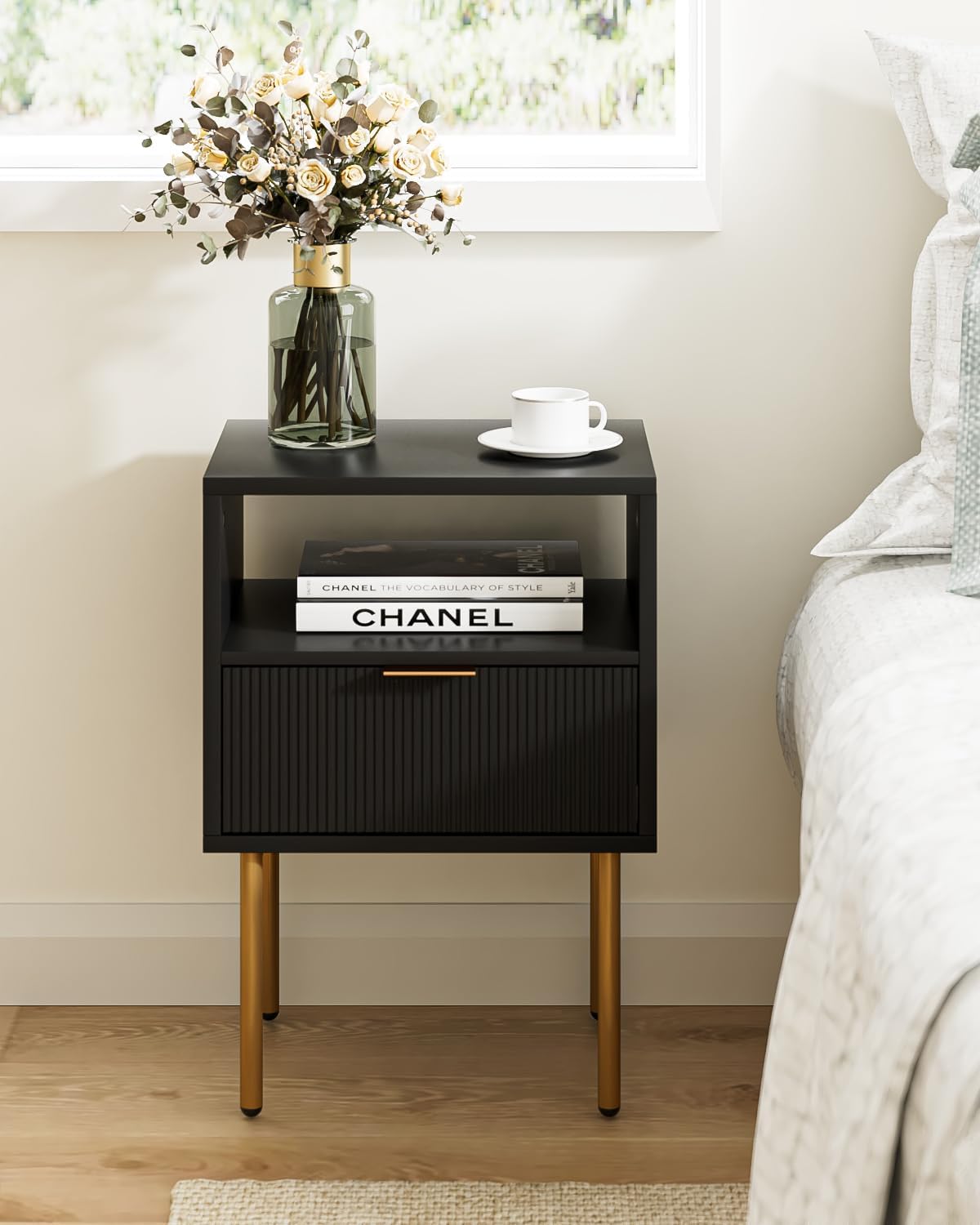 Nightstand,Morden Bedside Table with Gold Frame,Small Black Night Stand,End Table,Bedside Furniture,Side Table with Drawer and Shelf for Bedroom,Living Room (1Drawer, Black)