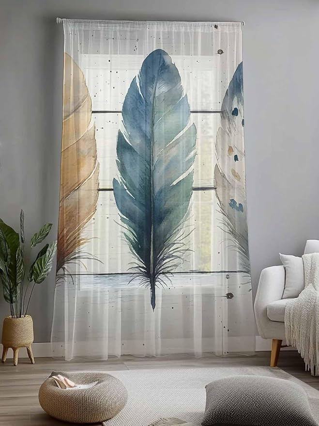 Sheer Curtains 96 Inches Long, Boho Blue Feathers Semi Sheer Curtains Light
