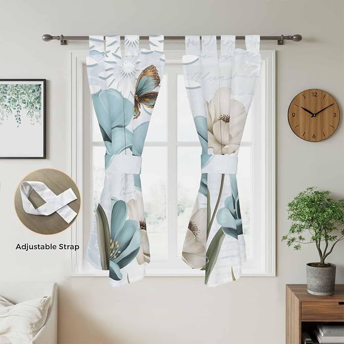 Blue Tulips Living Room Curtains 84 Inch Length, Window Curtains Tab Top