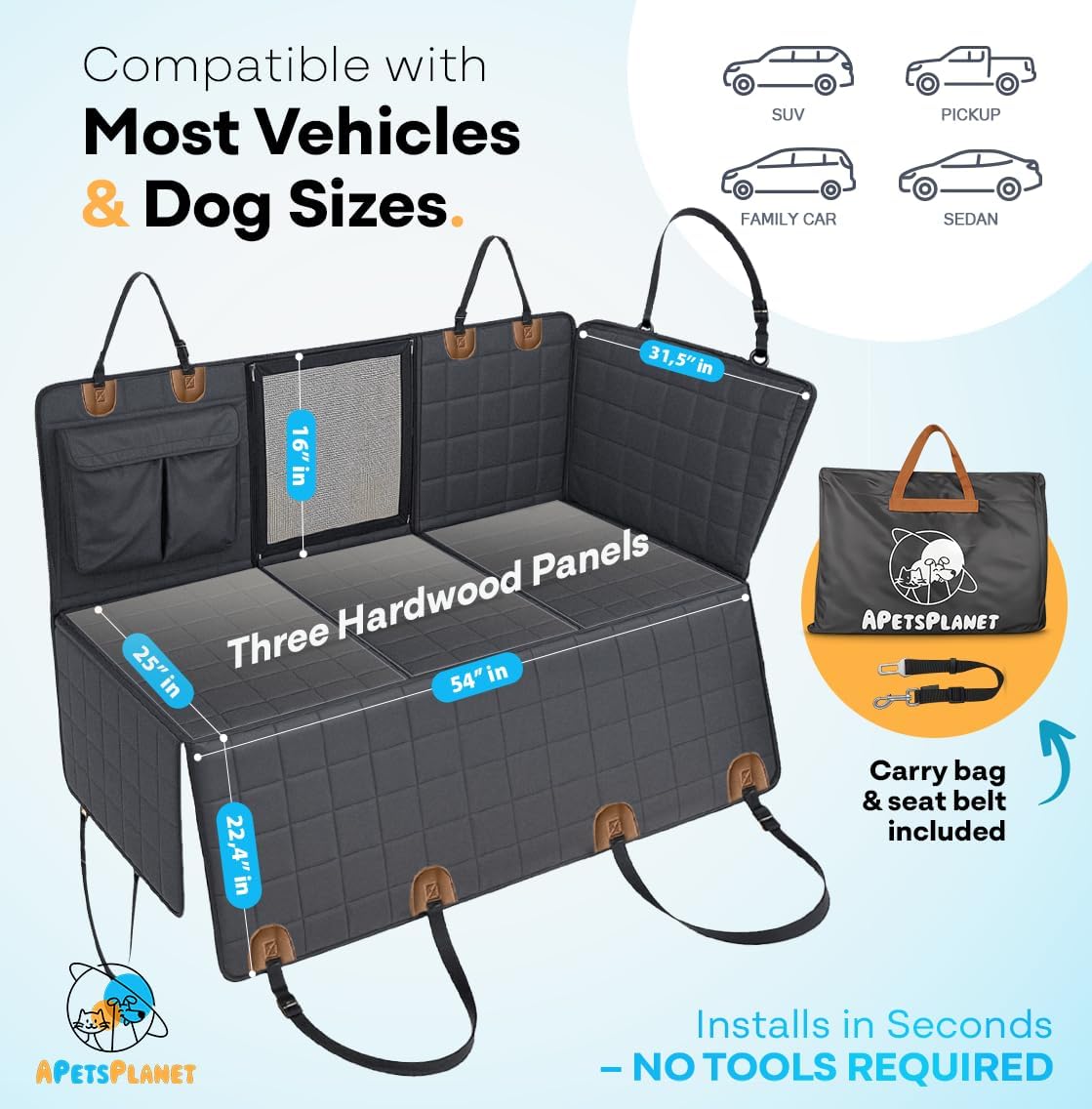 APetsPlanet Dog Car Seat Cover for Back Seat Hard Bottom - Waterproof Backseat Extender for Dogs - Pet Hammock for Car, Truck, SUV - Protector Bed with Mesh Window & Storage - Black, with Door Covers