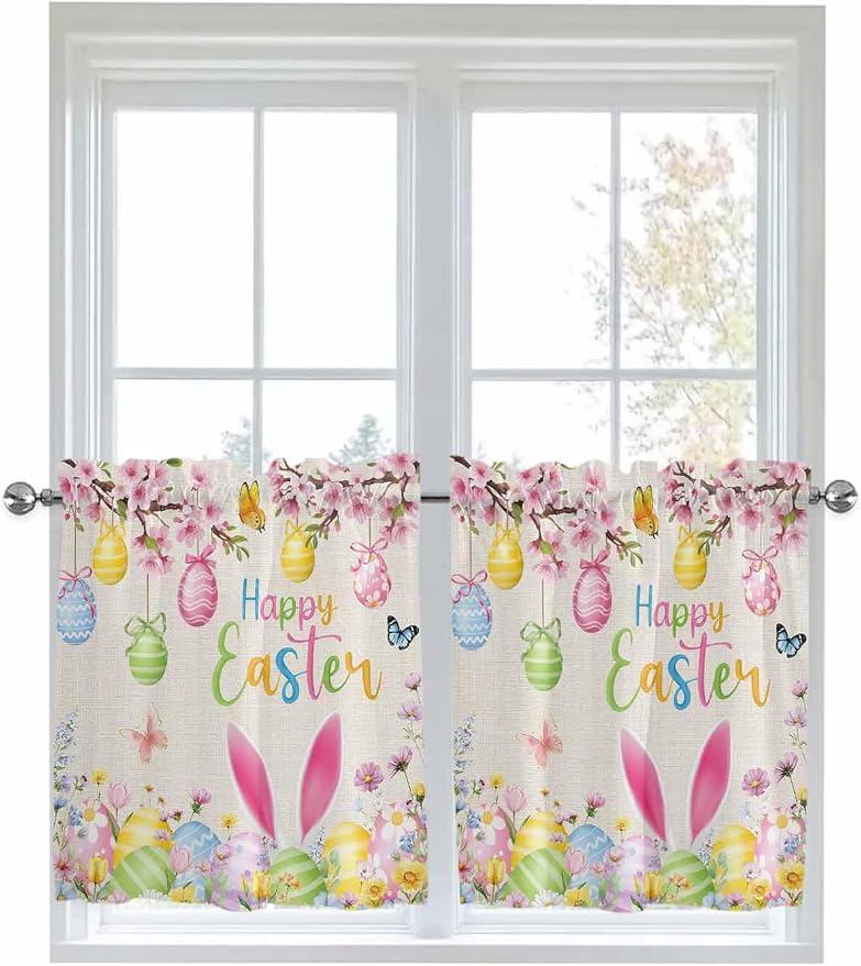 Happy Easter Half Window Curtains 24 Inches Long, Spring Farmhouse Bunny Eggs