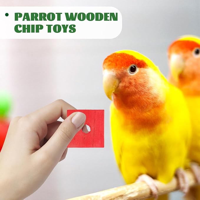 NOLITOY 100Pcs Wooden Parrot Chewing Toy Blocks with Hole Bird Bite Toy for Cockatiels Parakeets Macaws African Grey DIY Wood Chip Design for Pet Entertainment and Skill Development