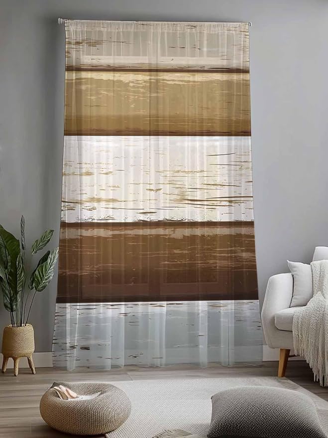 Sheer Curtains 84 Inches Long, Wood Grain Brown Semi Sheer Curtains Light