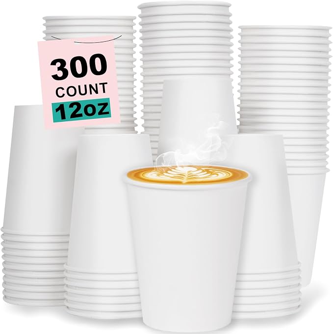 12 oz 300 Pack Disposable Coffee Cups, Bulk White Disposable Paper Cups