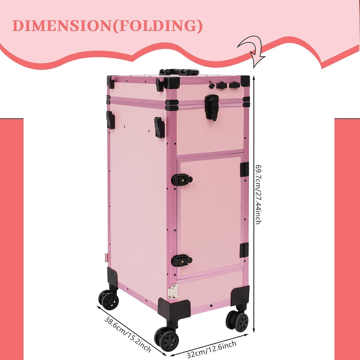 Rolling Makeup Train Case with 4 Drawers&Mirror, Foldable Makeup Nail Desk with Table&Blueteeth Speaker, Lockable Manicure Table for Technician Workstation Salon (Pink)