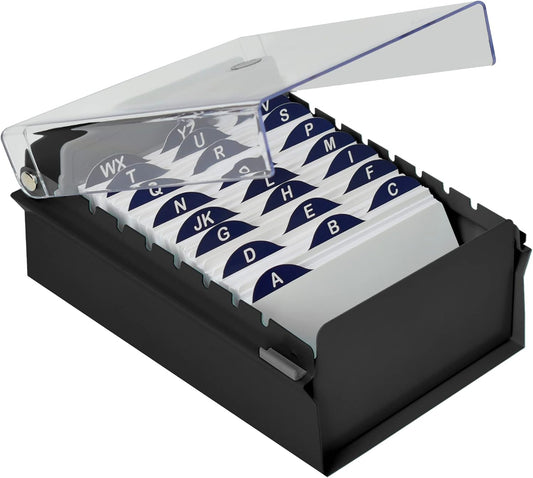 Acrimet 3 x 5 Card File Holder Organizer Box Metal Base Heavy Duty (AZ Index Cards and Divider Included) (Black Color with Clear Crystal Plastic Lid Cover)