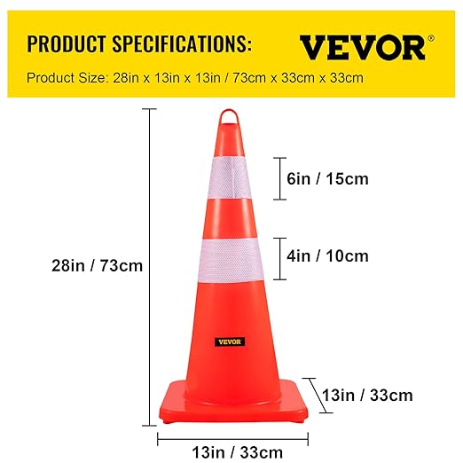 VEVOR Safety Cones, 12 x 28" Traffic Cones, PVC Orange Construction Cones, 2 Reflective Collars Traffic Cones with Weighted Base and Hand-Held Ring Used for Traffic Control, Driveway Road Parking
