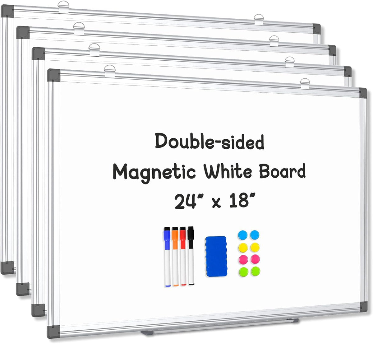 4 Pack Double-Sided Magnetic Aluminum Frame Whiteboard, 24" x 18"