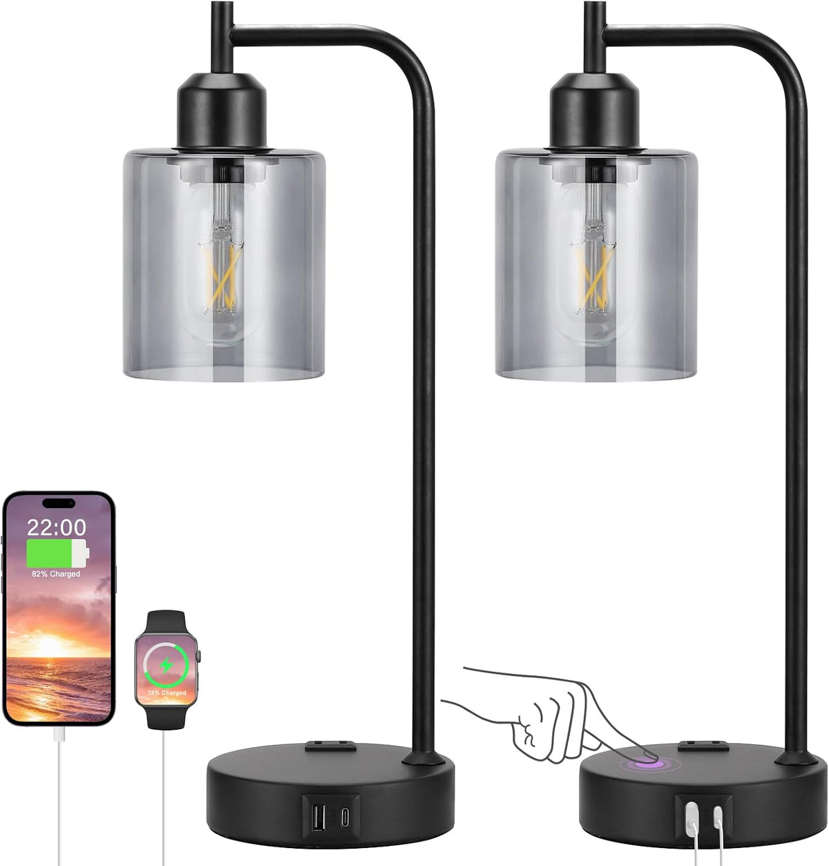 Innqoo Industrial Touch Bedroom Lamps for Bedrooms Set of 2-3-Way Dimmable Table Lamps with USB C+A Ports and Outlet, Bedside Lamps with Gray Glass Shade for Living Room, Desk Lamps for Home Office