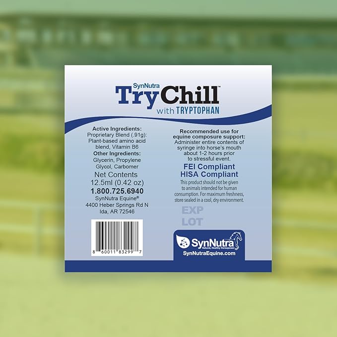TryChill™ 25 Pack– L-Tryptophan-Based Support for Horses – Promotes a Composed Demeanor Without Sedation – Enhances Focus, Confidence & Performance – 100% Natural & Competition Safe
