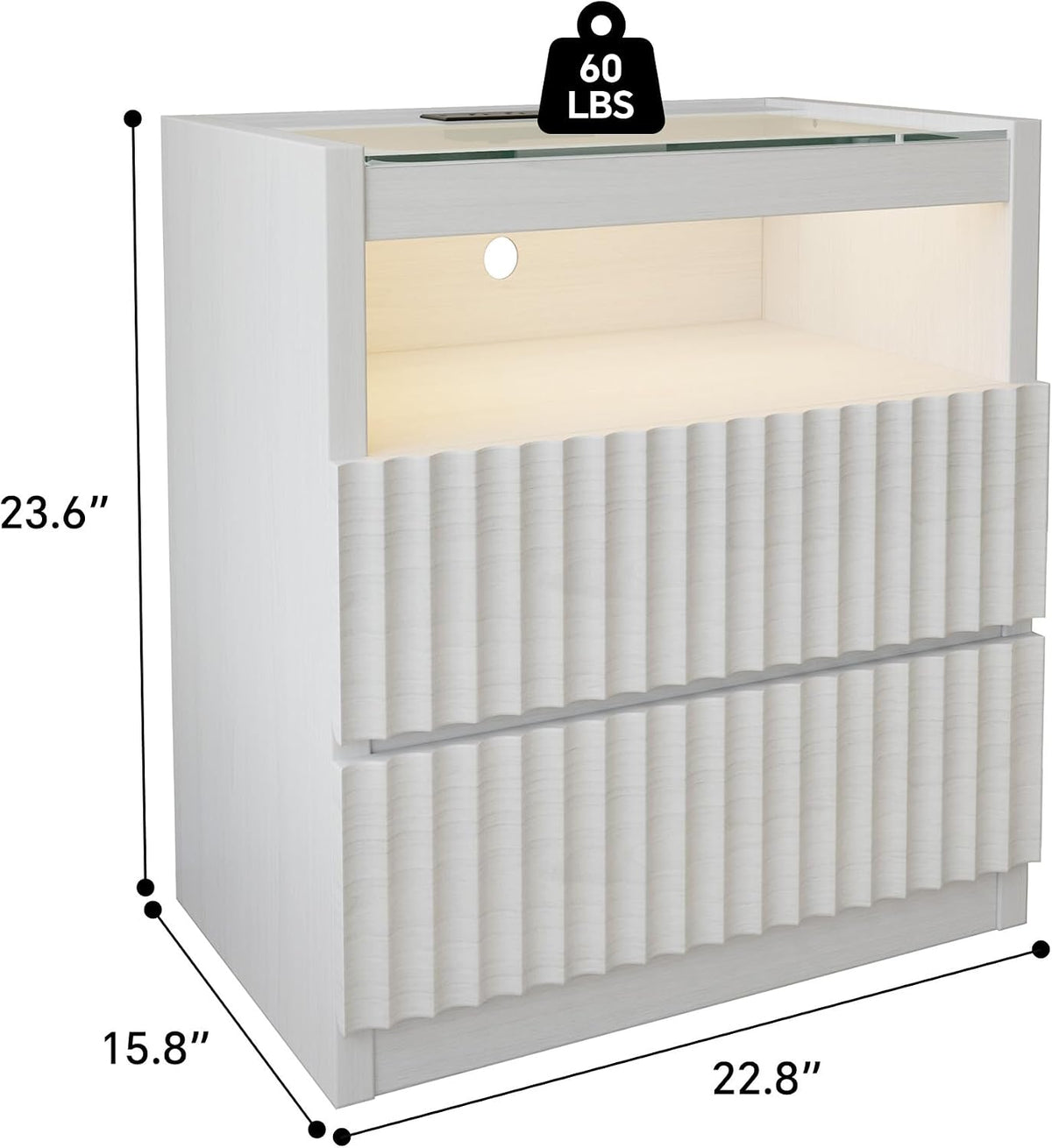 Modern Nightstand with Charging Station,Fluted 2 Drawers,White Oak Finish