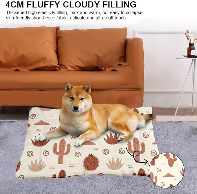 Beige Brown Cute Cactus Indoor Dog Bed Furniture Dog Crate Mat Pet Padssoft Crate Bed Washable Non-Slip Kennel Beds for Crates Kennel for Pet Mat Outdoor Flooring Dogs Indoor Outdoor 36X24 Inch