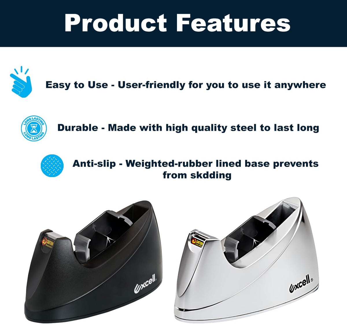 MDJ by Excell Desktop Tape Dispenser (Fits 1" + 3" Core) with Heavy-Weighted Base for One-Hand Dispensing for Office, Home, School, Masking, Heat Transfer, Sublimation, Crafts, Gift Wrapping (Chrome)